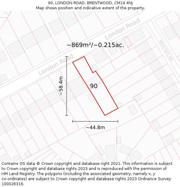 90, LONDON ROAD, BRENTWOOD, CM14 4NJ: Plot and title map