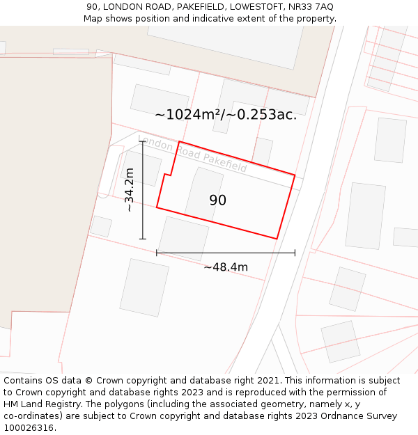 90, LONDON ROAD, PAKEFIELD, LOWESTOFT, NR33 7AQ: Plot and title map