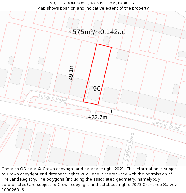 90, LONDON ROAD, WOKINGHAM, RG40 1YF: Plot and title map