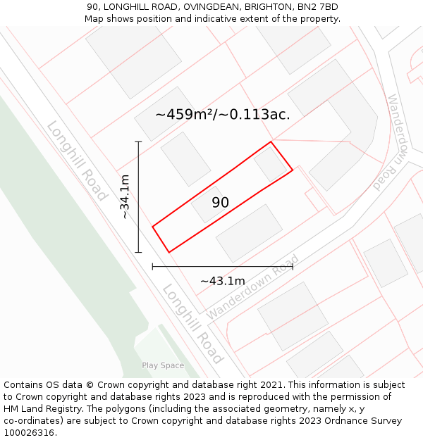 90, LONGHILL ROAD, OVINGDEAN, BRIGHTON, BN2 7BD: Plot and title map