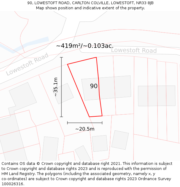 90, LOWESTOFT ROAD, CARLTON COLVILLE, LOWESTOFT, NR33 8JB: Plot and title map
