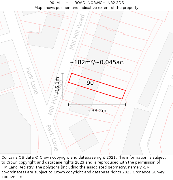 90, MILL HILL ROAD, NORWICH, NR2 3DS: Plot and title map