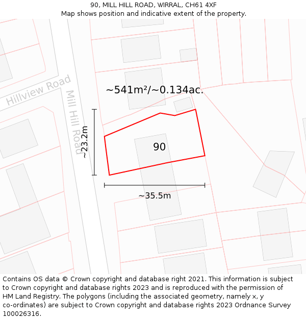 90, MILL HILL ROAD, WIRRAL, CH61 4XF: Plot and title map