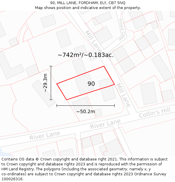 90, MILL LANE, FORDHAM, ELY, CB7 5NQ: Plot and title map