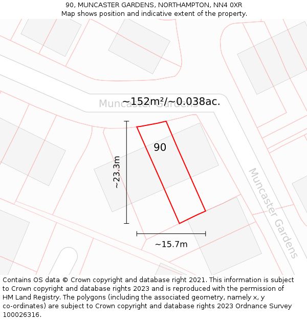 90, MUNCASTER GARDENS, NORTHAMPTON, NN4 0XR: Plot and title map