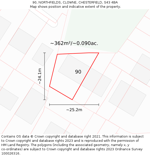 90, NORTHFIELDS, CLOWNE, CHESTERFIELD, S43 4BA: Plot and title map