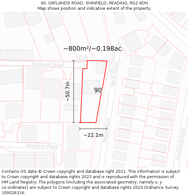90, OATLANDS ROAD, SHINFIELD, READING, RG2 9DN: Plot and title map