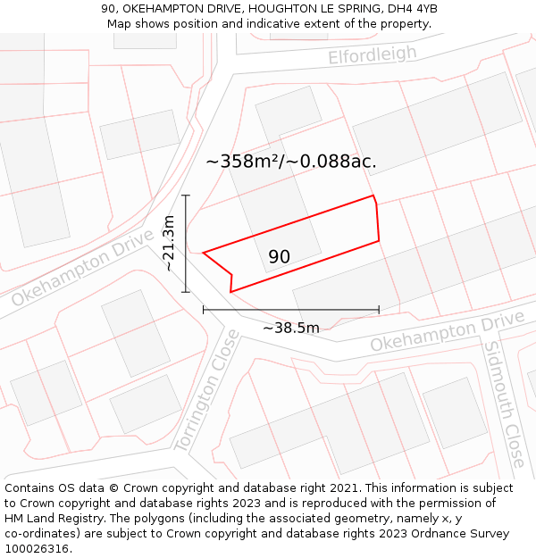 90, OKEHAMPTON DRIVE, HOUGHTON LE SPRING, DH4 4YB: Plot and title map