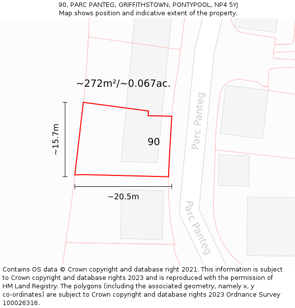 90, PARC PANTEG, GRIFFITHSTOWN, PONTYPOOL, NP4 5YJ: Plot and title map