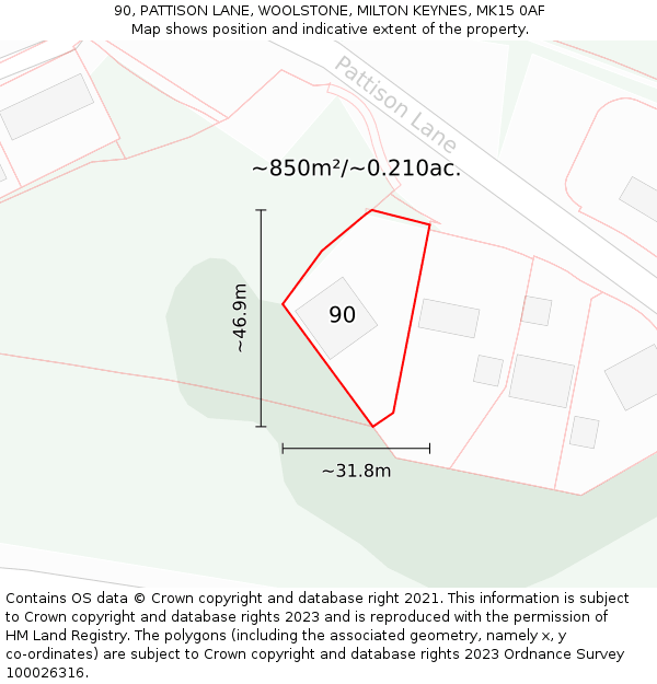 90, PATTISON LANE, WOOLSTONE, MILTON KEYNES, MK15 0AF: Plot and title map