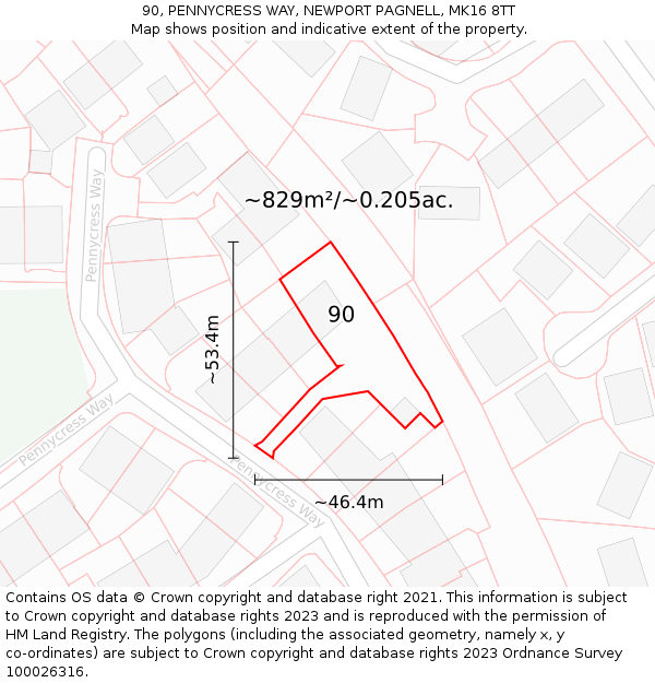 90, PENNYCRESS WAY, NEWPORT PAGNELL, MK16 8TT: Plot and title map