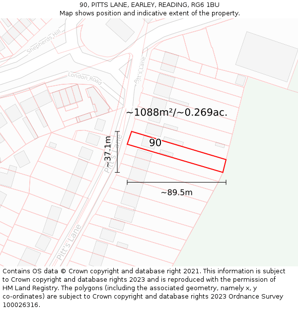 90, PITTS LANE, EARLEY, READING, RG6 1BU: Plot and title map