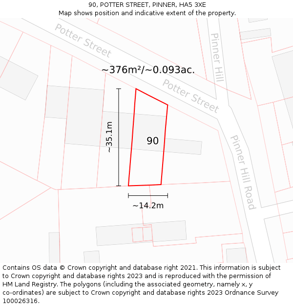 90, POTTER STREET, PINNER, HA5 3XE: Plot and title map