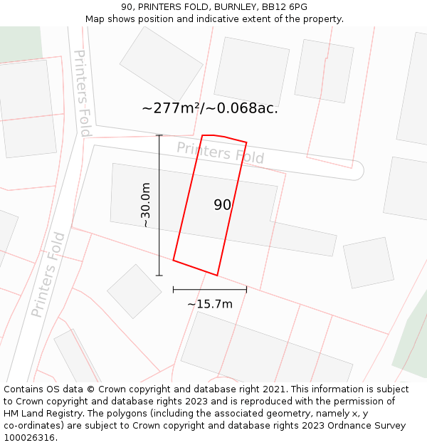 90, PRINTERS FOLD, BURNLEY, BB12 6PG: Plot and title map