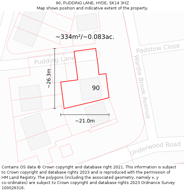 90, PUDDING LANE, HYDE, SK14 3HZ: Plot and title map