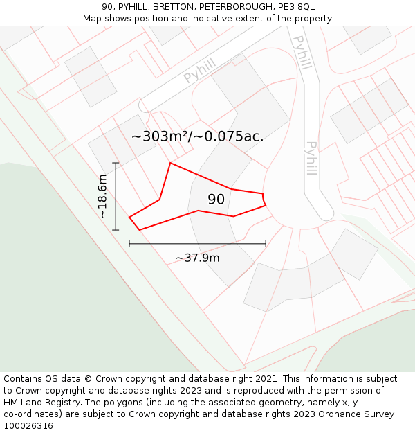 90, PYHILL, BRETTON, PETERBOROUGH, PE3 8QL: Plot and title map