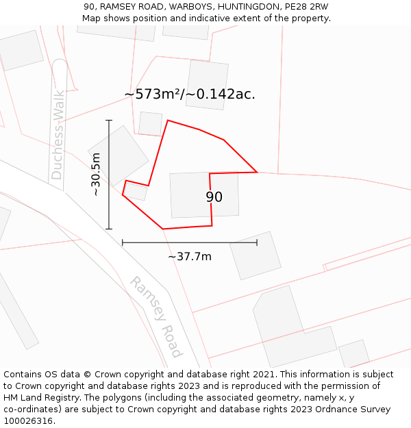 90, RAMSEY ROAD, WARBOYS, HUNTINGDON, PE28 2RW: Plot and title map