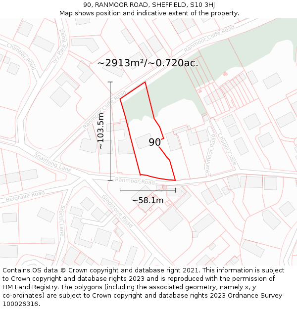 90, RANMOOR ROAD, SHEFFIELD, S10 3HJ: Plot and title map