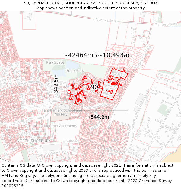 90, RAPHAEL DRIVE, SHOEBURYNESS, SOUTHEND-ON-SEA, SS3 9UX: Plot and title map