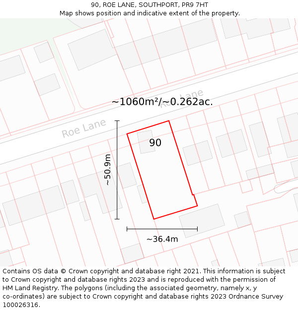 90, ROE LANE, SOUTHPORT, PR9 7HT: Plot and title map