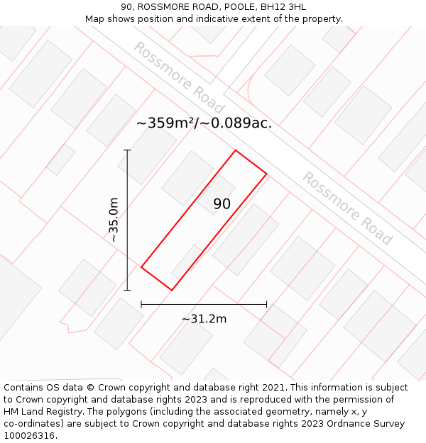 90, ROSSMORE ROAD, POOLE, BH12 3HL: Plot and title map
