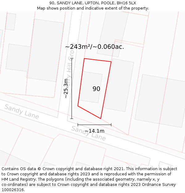 90, SANDY LANE, UPTON, POOLE, BH16 5LX: Plot and title map