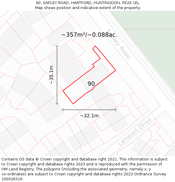 90, SAPLEY ROAD, HARTFORD, HUNTINGDON, PE29 1EL: Plot and title map