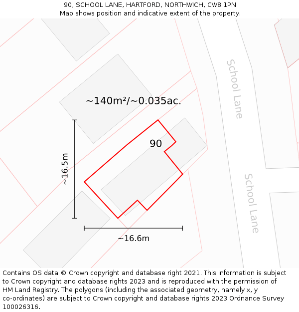 90, SCHOOL LANE, HARTFORD, NORTHWICH, CW8 1PN: Plot and title map