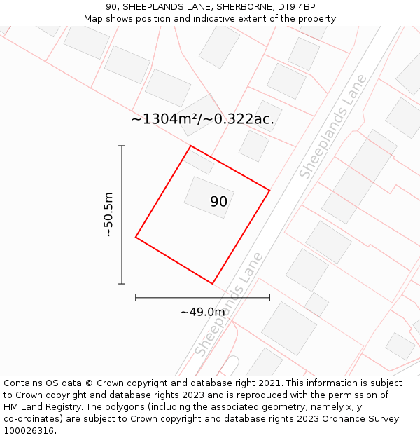 90, SHEEPLANDS LANE, SHERBORNE, DT9 4BP: Plot and title map