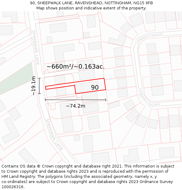 90, SHEEPWALK LANE, RAVENSHEAD, NOTTINGHAM, NG15 9FB: Plot and title map