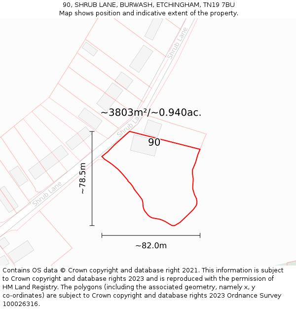90, SHRUB LANE, BURWASH, ETCHINGHAM, TN19 7BU: Plot and title map