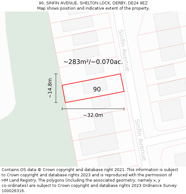 90, SINFIN AVENUE, SHELTON LOCK, DERBY, DE24 9EZ: Plot and title map