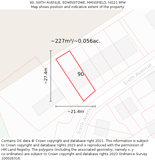 90, SIXTH AVENUE, EDWINSTOWE, MANSFIELD, NG21 9PW: Plot and title map