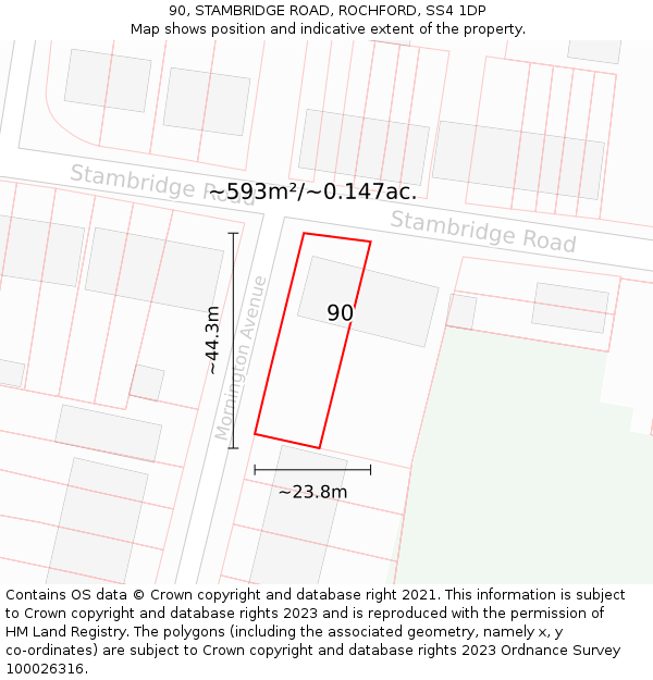 90, STAMBRIDGE ROAD, ROCHFORD, SS4 1DP: Plot and title map