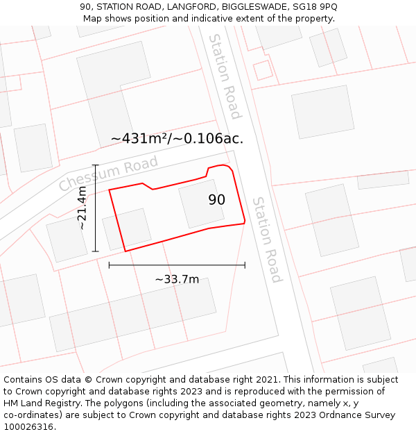 90, STATION ROAD, LANGFORD, BIGGLESWADE, SG18 9PQ: Plot and title map