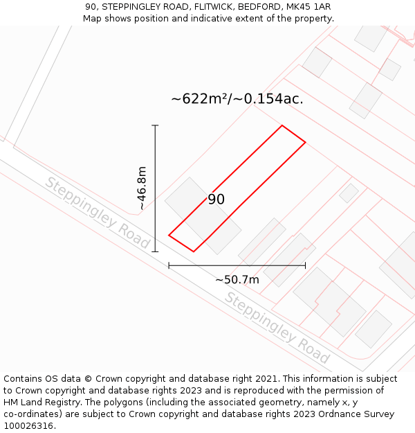 90, STEPPINGLEY ROAD, FLITWICK, BEDFORD, MK45 1AR: Plot and title map