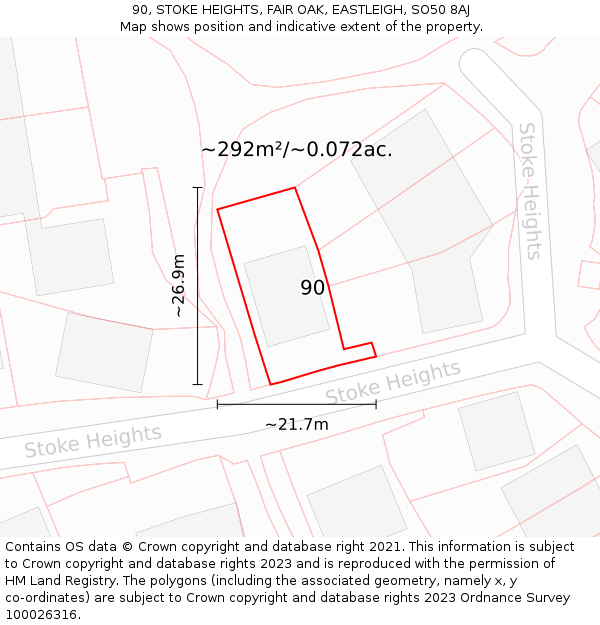 90, STOKE HEIGHTS, FAIR OAK, EASTLEIGH, SO50 8AJ: Plot and title map