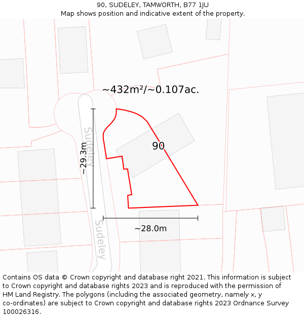 90, SUDELEY, TAMWORTH, B77 1JU: Plot and title map