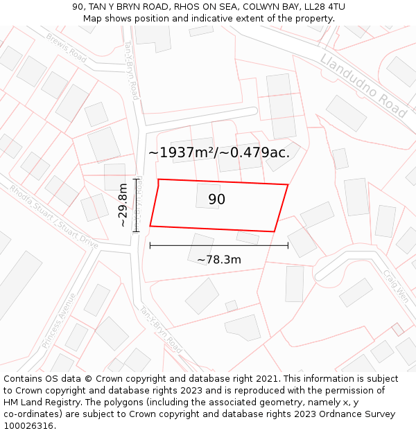 90, TAN Y BRYN ROAD, RHOS ON SEA, COLWYN BAY, LL28 4TU: Plot and title map