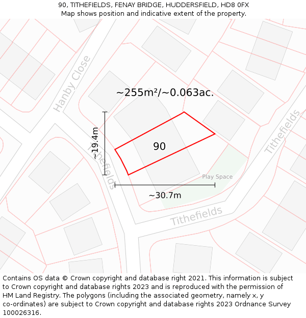 90, TITHEFIELDS, FENAY BRIDGE, HUDDERSFIELD, HD8 0FX: Plot and title map