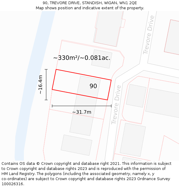 90, TREVORE DRIVE, STANDISH, WIGAN, WN1 2QE: Plot and title map