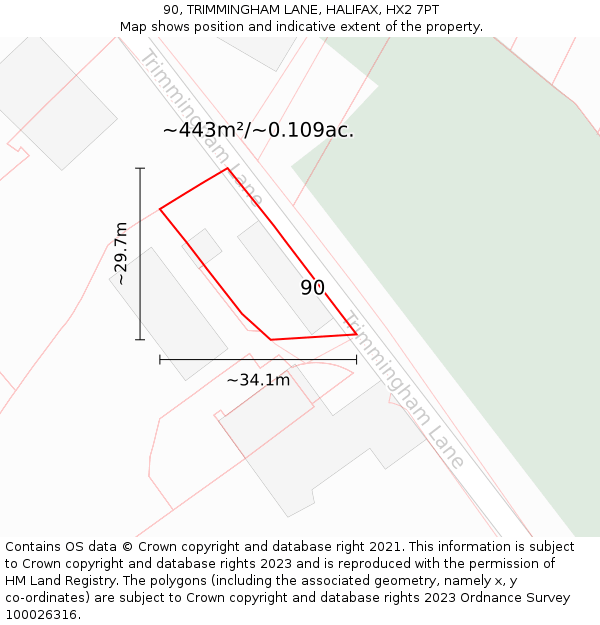 90, TRIMMINGHAM LANE, HALIFAX, HX2 7PT: Plot and title map
