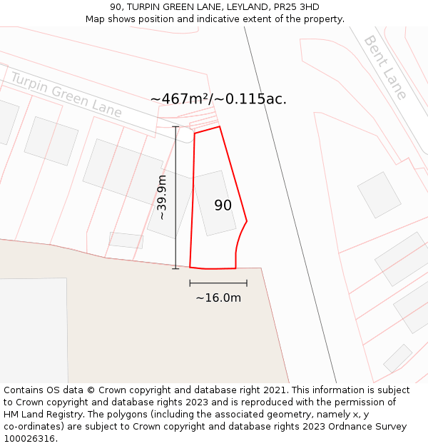 90, TURPIN GREEN LANE, LEYLAND, PR25 3HD: Plot and title map