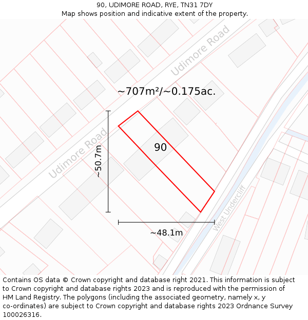90, UDIMORE ROAD, RYE, TN31 7DY: Plot and title map