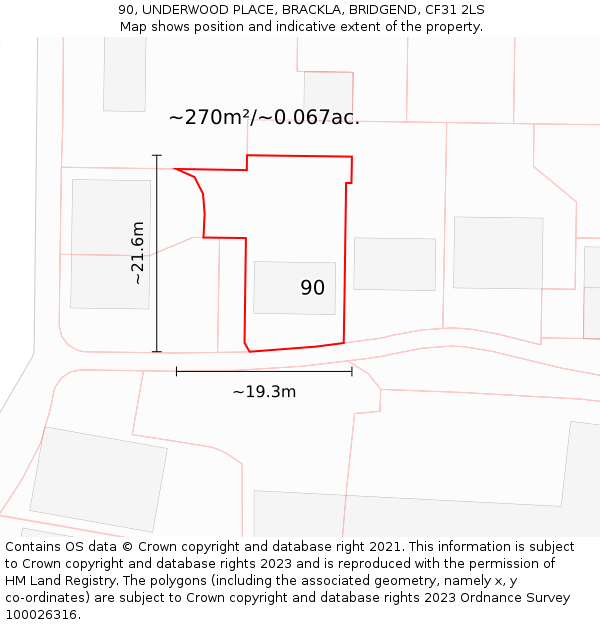 90, UNDERWOOD PLACE, BRACKLA, BRIDGEND, CF31 2LS: Plot and title map