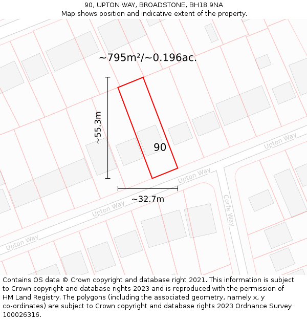 90, UPTON WAY, BROADSTONE, BH18 9NA: Plot and title map