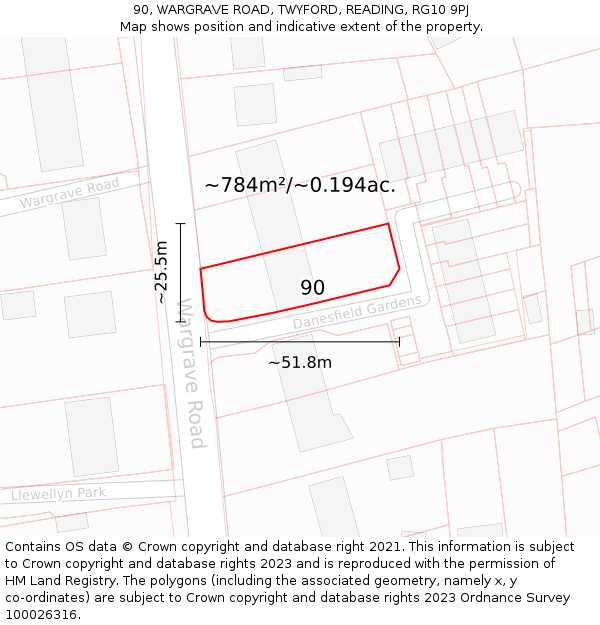 90, WARGRAVE ROAD, TWYFORD, READING, RG10 9PJ: Plot and title map