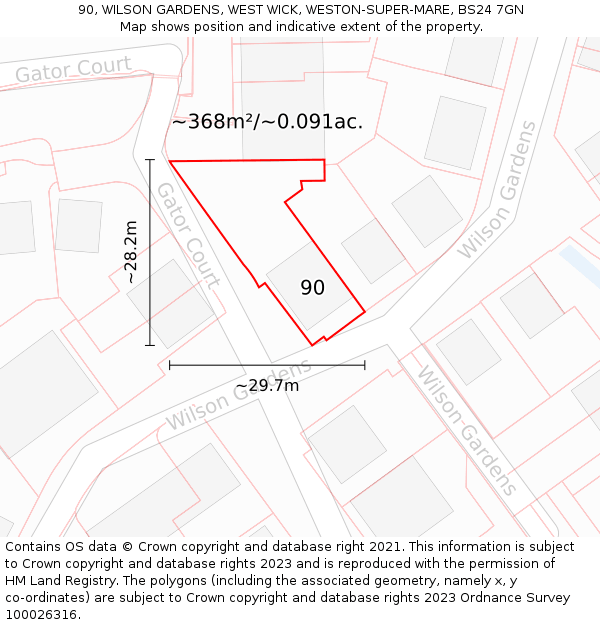 90, WILSON GARDENS, WEST WICK, WESTON-SUPER-MARE, BS24 7GN: Plot and title map