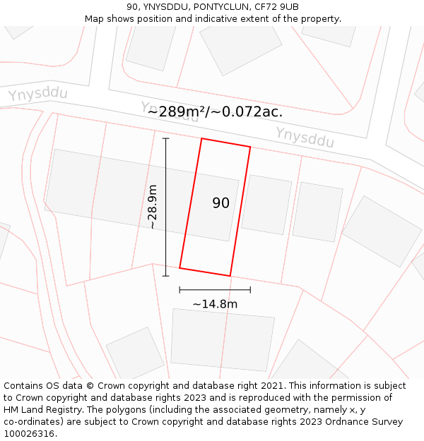 90, YNYSDDU, PONTYCLUN, CF72 9UB: Plot and title map