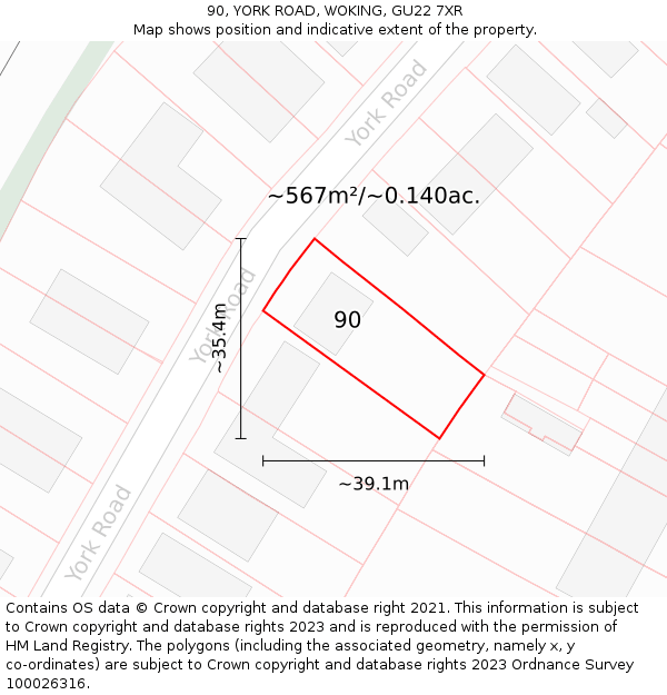 90, YORK ROAD, WOKING, GU22 7XR: Plot and title map